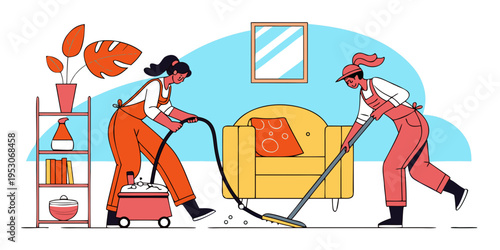 Professional cleaning service two female cleaners working in a modern living room, one using a vacuum cleaner while the other operates a carpet cleaner near a yellow sofa and decorative shelf