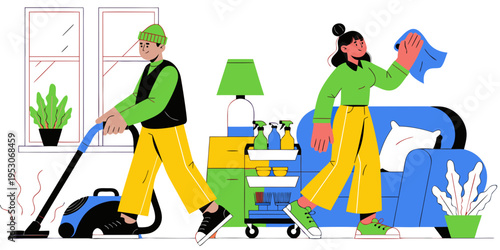 Professional cleaning service team working in a modern living room, one person vacuuming while another wipes furniture, with plants and cleaning supplies visible