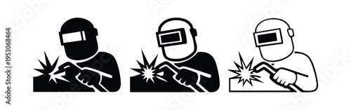 Welder working with a welding torch and helmet icon set, representing industrial metalwork and construction.