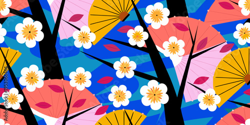 Colorful illustration of spring blossoms with Japanese pink and yellow fans, featuring white flowers and vibrant blue background, creating a lively floral pattern design