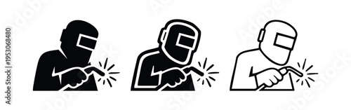 Фотография Welder in safety helmet performing welding work icon set, depicting heavy industry and fabrication
