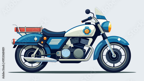 Vector illustration of a police motorcycle side view featuring a blue and white color scheme, chrome details, and a distinctive rear storage compartment