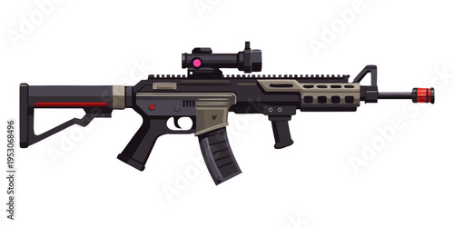 Assault rifle with scope in modern tactical design featuring a sleek black and gray color scheme, positioned against a plain white background