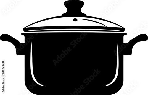 Kitchen Cooking Pot with Lid Silhouette, Stainless Steel Stockpot Icon, Minimalist Culinary Cookware Vector Illustration, Classic Soup Pot Solid Black Outline