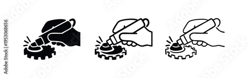Hand grinding a gear with a power tool icon set, illustrating industrial mechanical finishing and metalwork.
