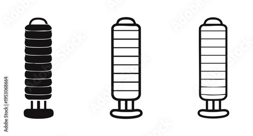 Modern cylindrical pouf or stool icons set. Contemporary furniture symbol in flat and outline styles isolated on white background.