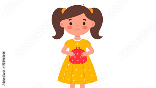 Cute cartoon little girl character in yellow dress holding red coin purse or wallet isolated on white background for financial education concept and childhood vector illustration.
