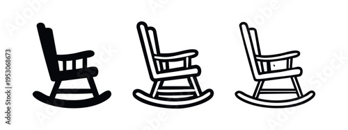 Rocking chair icons set. Vintage wooden furniture symbol in flat and outline styles isolated on white background.