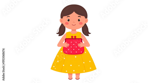 Cute cartoon little girl character in yellow dress holding red coin purse or wallet isolated on white background for financial education concept and childhood vector illustration.