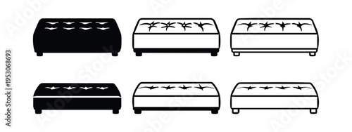 Upholstered rectangular ottoman or bench icons set. Modern furniture symbol in flat and outline styles isolated on white background.