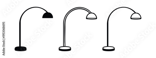 Modern arc floor lamp icons set. Stylish standing light fixture symbol in flat and outline styles isolated on white background.
