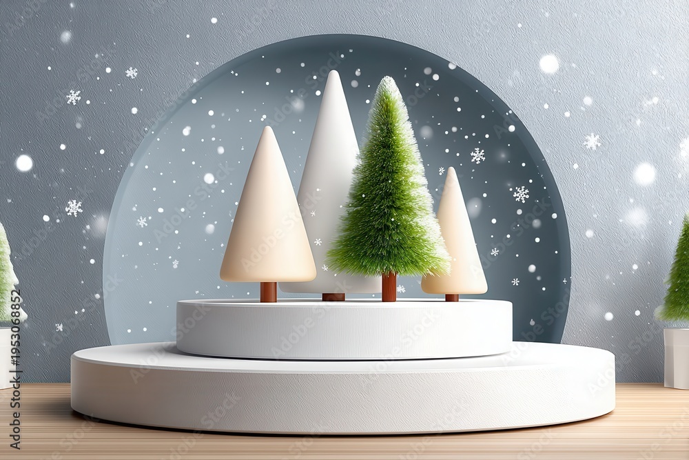 Obraz premium Minimal 3D Christmas tree podium scene with snowy backdrop and festive holiday display