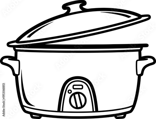 Slow Cooker Line Art Icon, Electric Crock Pot with Open Lid, Modern Kitchen Appliance Vector Illustration, Culinary Cooking Equipment Outline