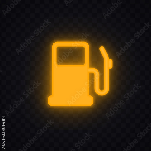 Neon fuel pump icon in bright yellow glowing style. Automotive symbol representing fuel level and refueling need. Perfect for dashboard interface and transport design.