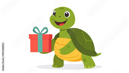 Cute cartoon turtle character holding a red gift box with a yellow ribbon and candle for birthday celebrations