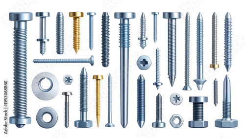Collection of realistic metal screws bolts nuts and nails hardware fasteners for construction and industrial repair vector illustration