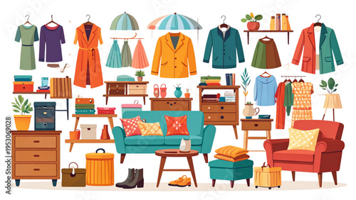 Large collection of home furniture and clothing items including dressers tables jackets and decor for organization and interior design vector illustration