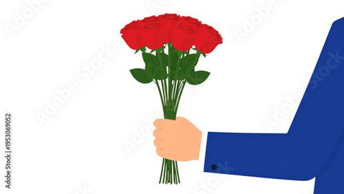 Vector illustration of a man in a blue suit holding a bouquet of red roses for valentines day anniversary or romantic date concept isolated on white background.