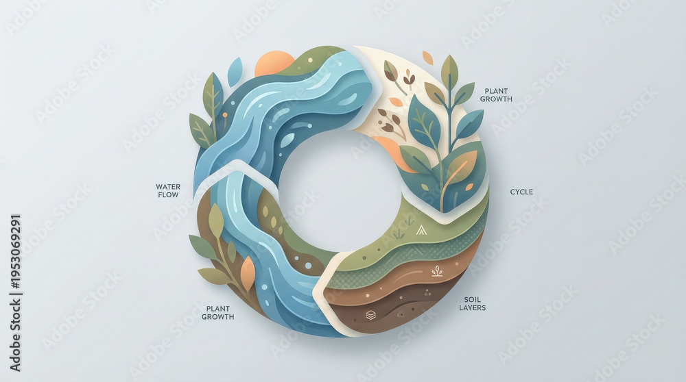 Fototapeta premium Abstract circular diagram illustrating the water cycle and plant growth through soil layers