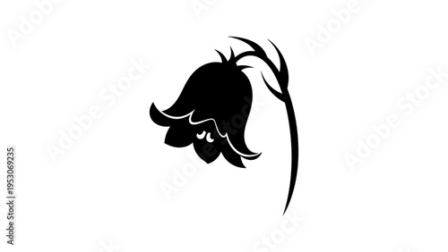 Silhouette of a bell flower blossom with curved stem on white background