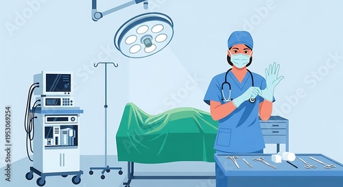 Illustration of a surgical room with a medical professional wearing scrubs and gloves