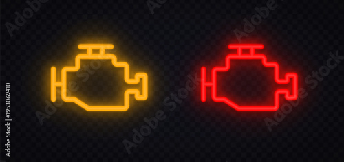 Neon engine warning icons with glowing outline in yellow and red. Automotive symbols indicating system issues and maintenance alerts. Perfect for dashboard signals