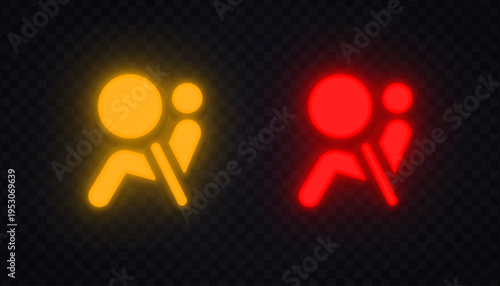 Neon airbag warning icons in yellow and red glowing style. Safety symbols showing collision protection system alerts. Perfect for dashboard interface and vehicle safety design.