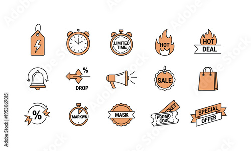 Lightning bolt discount tag, countdown timer clock, limited time badge, hot deal flame icon, price drop arrow sign, alarm bell