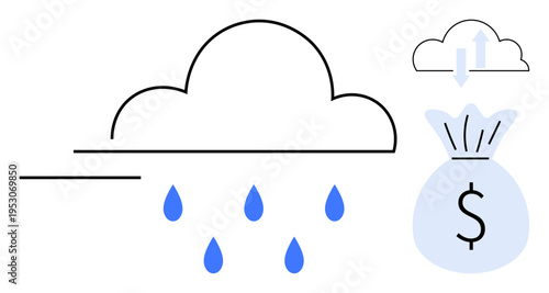 Cloud services, financial investment, money management, technology, data flow, growth concept. Cloud with rain drops and a money bag. Cloud services and financial investment visualization