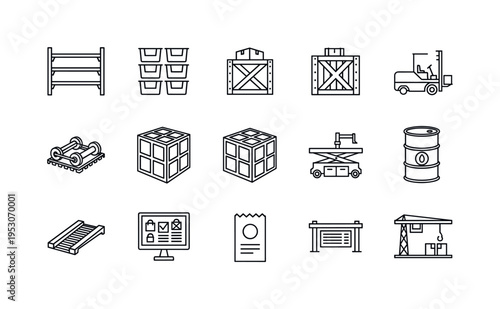 Logistics shelf frame, stacked plastic bins, bulk cargo crate, stacker forklift, gravity roller track, modular storage cubby, oil