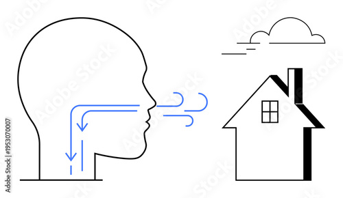 Indoor air quality, ventilation systems, healthy homes, airflow dynamics, respiratory health, energy efficiency. Human head with airflow arrows near a house. Indoor air quality and ventilation