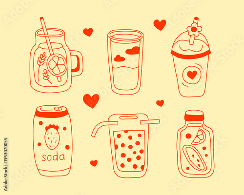 Set of cute doodle outline different drinks isolated on pastel background. Hand drawn summer beverages in line art Mediterranean style. Fresh detox juice, smoothie, milkshake, tapioca bubble tea, soda