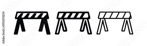 Road Block Construction Barrier Icons. Safety Barricade Warning Sign Vector. Work Zone Traffic Control Doodle Design.