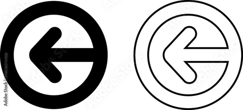 Icon shows a left-facing arrow within a circle in two color styles, black and white, designed for directional guidance or navigation