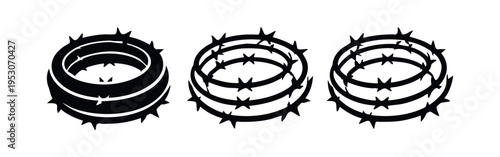 Barbed wire security barrier icon set. Sharp coil for danger and restricted zone demarcation.