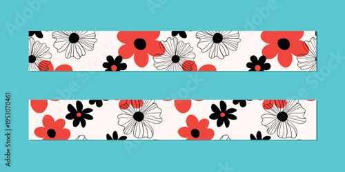 Vector illustration of a set of decorative ribbon stripes. Masking tape, satin or corsage, grssgrain tape, adhesive tapes for frames, scrapbooking. Packing patterned ribbons with foral ornament.