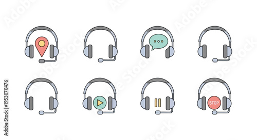 Headsets with Various Icons Displayed.