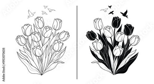 Tulip Flower Bouquet With Birds Flying Overhead For Spring Floral Concepts