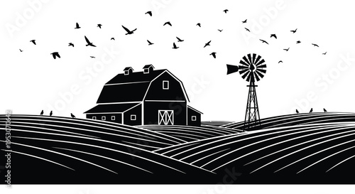 Rural landscape silhouette featuring a barn windmill and flying birds in a serene countryside setting