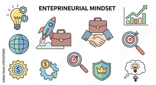 Entrepreneurial mindset business icons set.