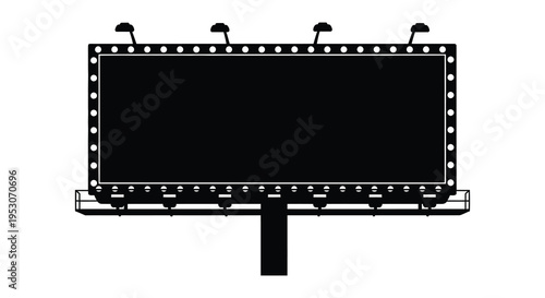 Silhouette of a blank billboard with lights on a pole against a white background
