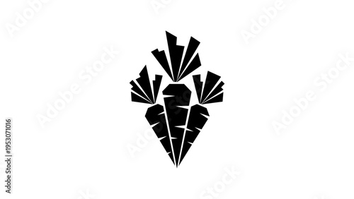 Geometric carrot icon with stylized leaves in black silhouette design