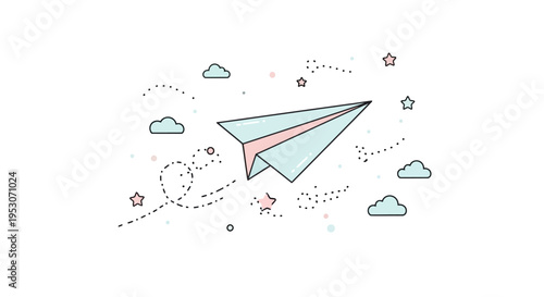 Colorful paper airplane in flight.