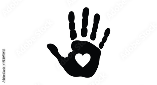 A black silhouette handprint with a heart on the palm