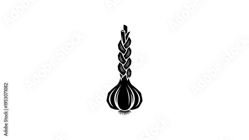 Silhouette of braided garlic on white background