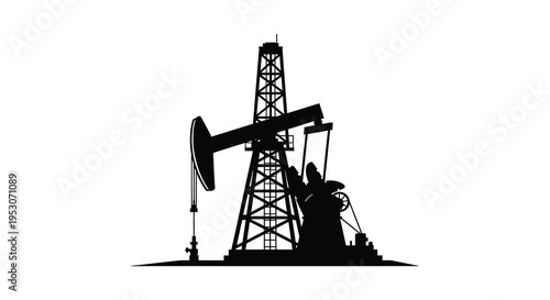 Silhouette of an oil pump jack in operation on a white background