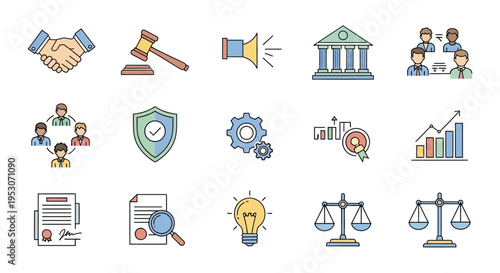 Business icons and legal symbols.