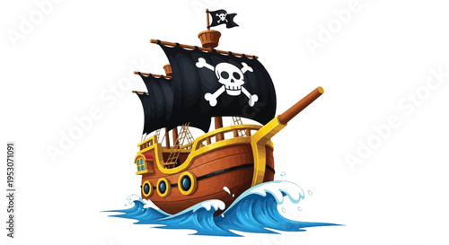 Pirate Ship Sailing On Ocean Waves With Skull Flag for Adventure and Treasure Concepts