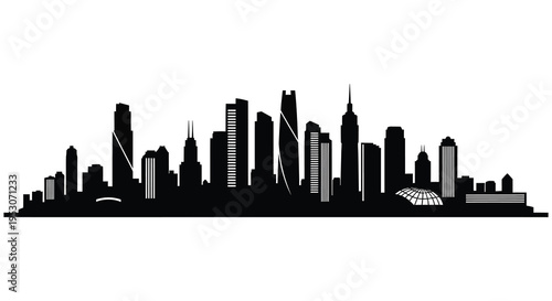 City skyline silhouette at dusk with tall skyscrapers and modern architecture