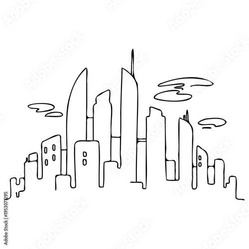line drawing of a modern city skyline with abstract clouds in the sky
